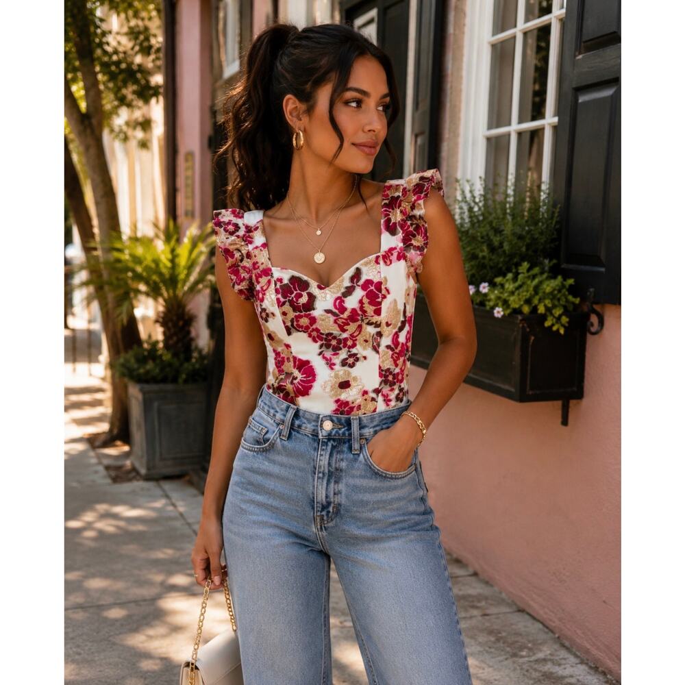TCEC Metallic Floral Jacquard Ruffle Strap Sweetheart Bodysuit NWOT MEDIUM